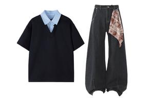 Повседневная спортивная одежда Unisex с лацканом Lapel Moderate X1617, черный top+черный pants