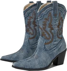 Зимние уличные ботильоны из денима с острым носком для женщин, вышивкой, вестерн-стиль, квадратный высокий каблук Generic, Dark Blue