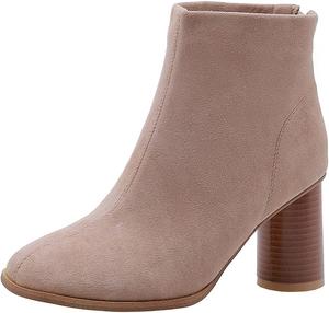 Женские ботильоны VOKLIN с круглым носком, массивным каблуком-блоком и высокой посадкой, из веганской замши с молнией, нарядные короткие ботинки, Apricot-Velvet Lined