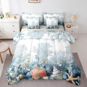 Erosebridal 3D комплект постельного белья с кораллами и ракушками в подводном стиле, водяная живопись, морская тематика для спальни, Blue,white,orange