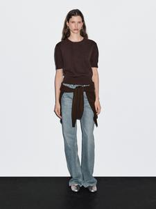 Вязаный свитер из смесовой шерсти с короткими рукавами Massimo Dutti, шоколадный