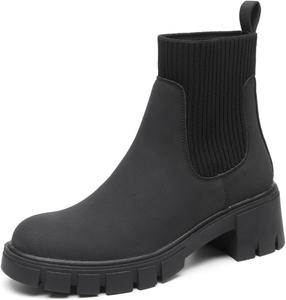 Женские ботинки Челси из кожи с классической подошвой Lug, платформой, эластичной застежкой и массивным каблуком для женщин Haza Pairs, Black-06