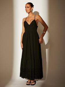 Платье миди Dobby Broderie с ажурными бретелями и открытой спиной South Beach, Black