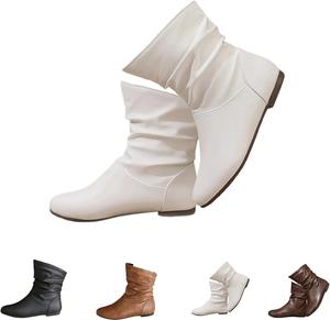 Женские свободные кожаные ботильоны на низком каблуке, модные короткие ботинки с круглым носком, удобные для ходьбы Generic, White