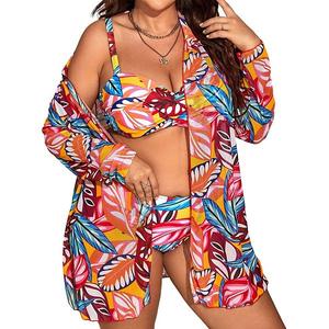 Женский купальник plus size 3 предмета тропический принт bikini с прозрачным кавер-апом для пляжного отдыха Clearflower