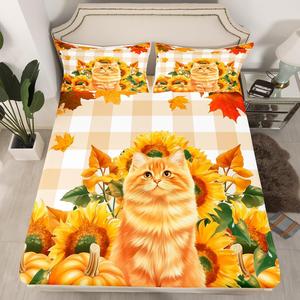 Erosebridal Комплект постельного белья с осенними котиками и кленовыми листьями в деревенском стиле, Yellow Green White
