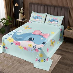 Erosebridal Комплект постельного белья Whale с морскими животными и бантами в зеленых, синих и розовых тонах, Green Blue Pink
