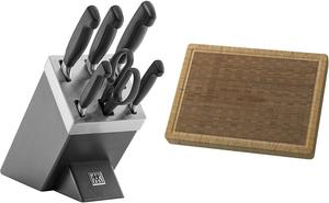 Набор из 7 самозатачивающихся ножей Zwilling Four-Star и разделочной доски из цельного бамбука с желобком для сока, двусторонний, большой размер, 42 x 31 см