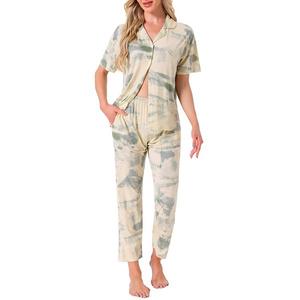 Женский комплект с брюками из тенсела с цветочным принтом и коротким рукавом Inspire Chic, Green Ink Wash