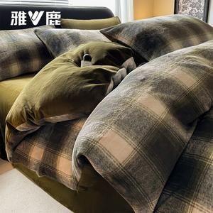 Yalu Комплект постельного белья 4 предмета, простыня 200 см, пододеяльник 220x240 см, утолщенный, теплый, антистатик, ретро зеленый в клетку