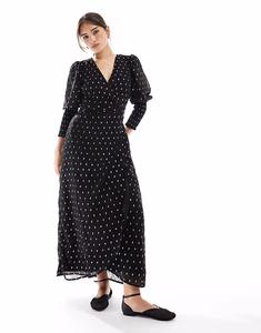 Гламурное платье миди с манжетами и запахом в черно-золотую точку Glamorous