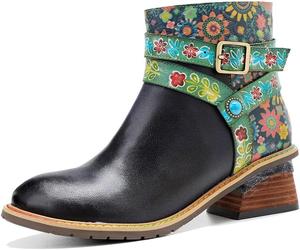 Женские ботинки SOCOFY, зимние ботинки для женщин, бохо-цветочная вышивка, комбинированная кожа, противоскользящие прогулочные ботинки, ретро-молния, короткие бохо-повседневные ботинки, водонепроницаемые ботинки для женщин Eimeinuosy, Black