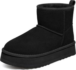 Женские мини-башмачки на платформе Litfun из замши, настоящая кожа, с меховой подкладкой, зимние сапоги для снега с утепленной мехом внутренней частью, Black