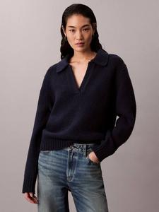 Пуловер-поло из чистой шерсти букле Calvin Klein, Dark Sapphire