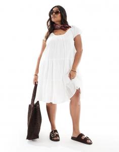 Only Curve Многоярусное платье миди в стиле бохо с круглым вырезом белого цвета