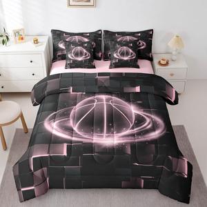 Erosebridal Комплект постельного белья Neon Basketball для спортивных фанатов, всесезонный геометрический принт, Light Pink Black