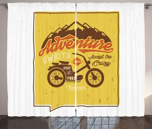 Штора ABAKUHAUS Приключения ждут вас в деревенском стиле, ретро-стиль Велосипед, летнее искусство, присборенная штора из тесьмы для спальни с петлями и крючками, 280 x 175 см, горчично-коричневый и красный Abakuhaus