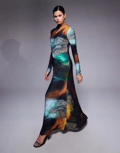 Платье макси Daska с высоким воротом, драпировкой и абстрактным принтом