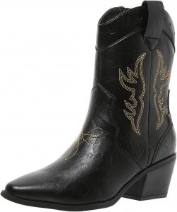 Женские короткие ковбойские сапоги SACFOF с вышивкой, массивным низким каблуком, боковой молнией, заостренным носком и средней высоты сапожками US5-11, Black