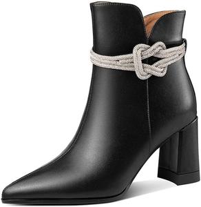 Женские ботильоны TinaCus с острым носком, ручной работы, боковой молнией, из натуральной кожи, с высокими средними массивными каблуками и стразами, Black