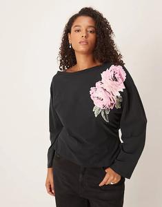 Топ ASOS DESIGN Curve с присборенной талией, косым вырезом и цветочным принтом, черный