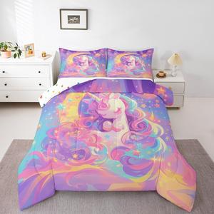 Erosebridal Комплект постельного белья с мультяшными единорогами и космическим принтом для детской комнаты, Pink Purple