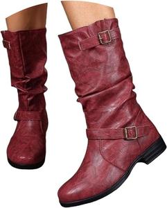 Женские сапоги с круглым носком до середины голени из модной кожи, плоская подошва, широкая посадка, ботильоны Kldyj, Red