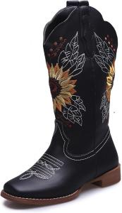 Женские ковбойские сапоги Ladmiple с вышивкой подсолнухов, средний голень, западный стиль, высокие сапоги до колена с заостренным носком, Black