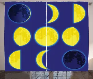 Штора ABAKUHAUS Луна в деревенском стиле, схема фаз Луны ночью, универсальные ленточные шторы для гостиной с петлями и крючками, 280 x 225 см, цвет индиго Abakuhaus