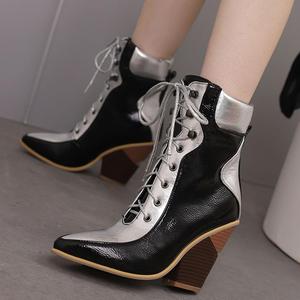 Женские ботильоны с острым носком и массивным каблуком, ботильоны средней длины, скуфита на высоком каблуке, модные ботильоны на шнуровке Generic, Black