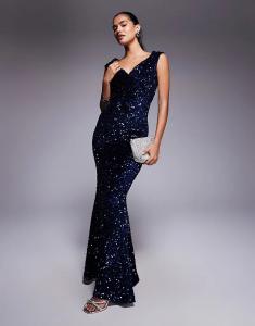 Платье макси Goddiva с пайетками и бархатом в стиле бардо, темно-синего цвета