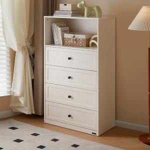 Quanu Комод для гостиной и спальни из массива дерева, 4 ящика с открытой полкой, цвет Mousse White