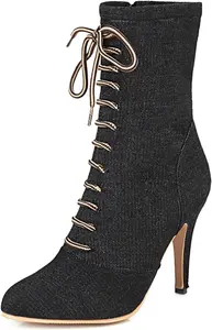 Женские джинсовые ботильоны Uniquelly на шнуровке с высоким каблуком-стилето, заостренным носком, короткие джинсовые ботинки с боковой молнией, обувь для платья, Black