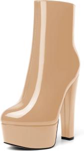 Женские сапоги AMBELIGHT на платформе, с круглым носком, для улицы, с молнией, на устойчивом высоком каблуке, по щиколотку, 15,2 см, Beige