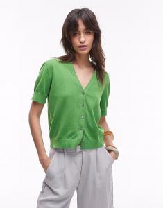 Кардиган ARKET из чистого хлопка тонкой вязки с короткими рукавами зеленого цвета