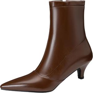 Женские осенне-зимние ботильоны с заостренным носком, удобные короткие ботинки на среднем каблуке с молнией для повседневной носки XIEPP, Brown