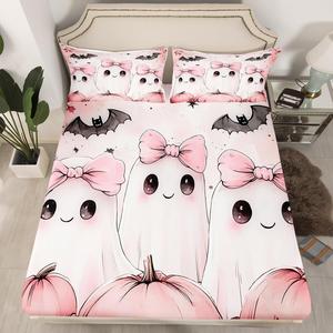 Erosebridal Комплект постельного белья Happy Halloween с милыми привидениями и летучими мышами в розовом цвете, Pink White