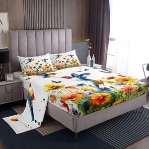 Erosebridal Комплект постельного белья Hummingbird Sheet Set Tropical Birds с водяными цветами и экзотическими животными в желто-голубой абстрактной расцветке, Green Yellow Purple