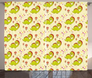 Штора ABAKUHAUS Динозавр в деревенском стиле, милый динозавр, присборенная штора для спальни с петлями и крючками, 280 x 225 см, фисташковый зеленый, светло-желтый, красный Abakuhaus