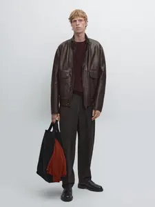 Брюки из смеси шерсти и гусиной лапки Massimo Dutti, коричневый