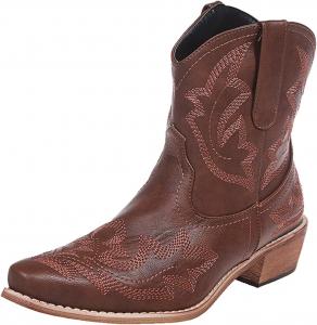 Женские ковбойские сапоги с вышивкой, винтажные, с невысоким грубым каблуком, западные ковбойские сапоги, кожаные на широкий голень, осенне-зимние, с подошвой до щиколотки Dsisskai, Brown