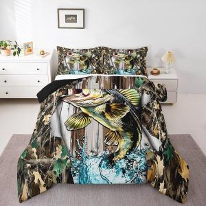 Erosebridal Комплект постельного белья Fishing Camo King с принтом рыбы в стиле лесного камуфляжа, всесезонный, Green Brown