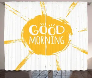 Штора в деревенском стиле ABAKUHAUS Доброе утро, солнышко, летнее настроение, присборенная штора из тесьмы для спальни с петлями и крючками, 280 x 245 см, земляно-желтый и белый Abakuhaus
