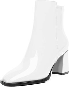 Женские стильные ботильоны AUMOTED с массивным каблуком, закрытым квадратным носком и боковой молнией, короткие ботинки, каблук 3,4 дюйма, Patent White