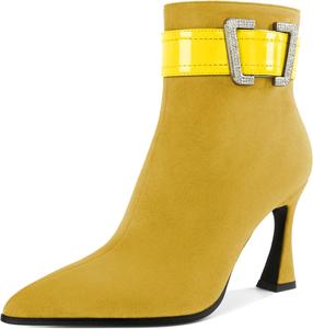 Женские ботфорты AUMOTED с ремнями и стразами, ботильоны выше колена на высоком каблуке с заостренным носком, элегантные ботильоны на катушечном каблуке 3,4 дюйма, короткие ботинки, Suede Yellow