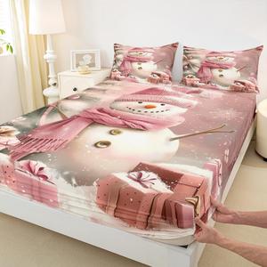 Erosebridal Розовый комплект постельного белья с новогодними снеговиками и украшениями, White Pink