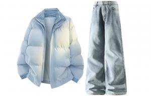 Повседневная спортивная одежда унисекс с воротником стойкой, утепленная и с флисовой подкладкой X1617, светло-синий puffer jacket+синий fleece-lined jeans