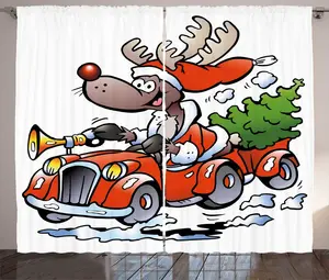 Рождественская штора в деревенском стиле ABAKUHAUS, олень на красной машине, универсальная ленточная штора для гостиной с петлями и крючками, 280 x 225 см, цвет: белый, зеленый, красный Abakuhaus