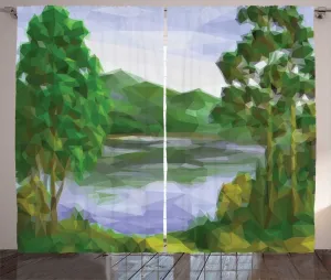 Шторы ABAKUHAUS Рустикальный пейзаж, многоугольный вид на природу, универсальные ленточные шторы для гостиной с петлями и крючками, 280 x 225 см, цвет: папоротниково-зеленый, лавандово-синий Abakuhaus