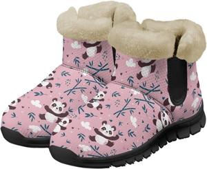 Женские зимние ботинки Jeiento Fuzzy Panda с плюшевой подкладкой, утолщенные, на плоской подошве, с теплой фланелевой подкладкой, Cartoon Panda Bamboo -Pink